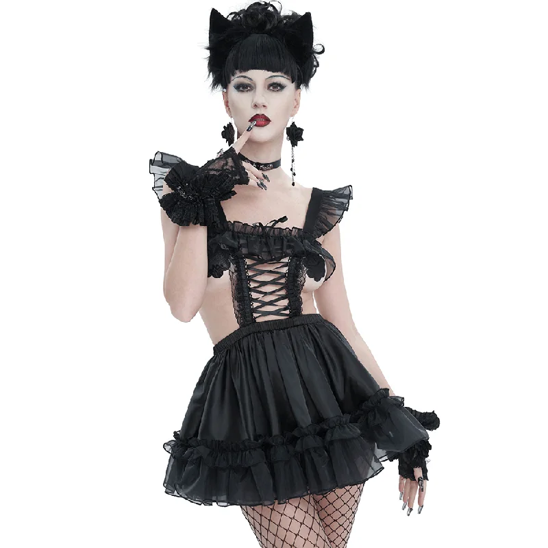 Sexy Ladies Hollow Out Short Lingerie Dress / Black Gothic Women's Dress with Frill and Lace Crew Neckline Sporty