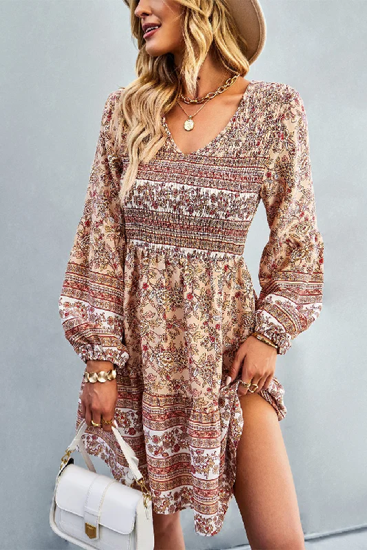 Smock V Neck Floral Print Ruffle Long Puff Sleeve Mini Boho Dress Tunics Business professional