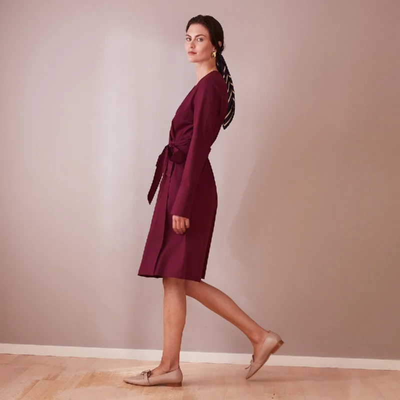 Knee Length Wrap Dress Wine Red Tunics Versatile stylish