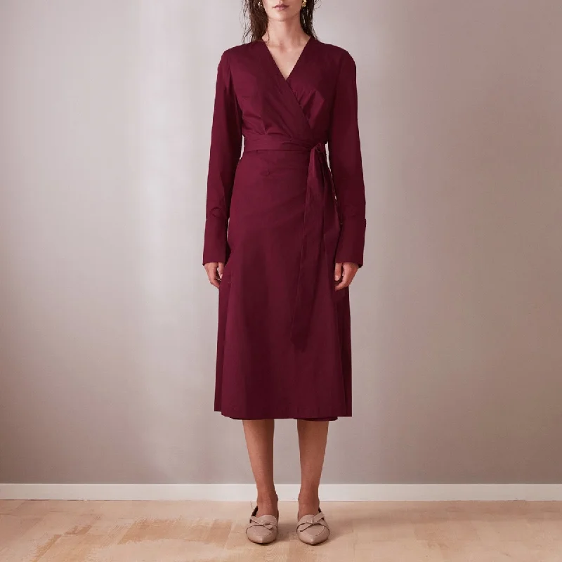 Long Sleeve Midi Wrap Dress Wine Red Tunics Fashionable trendy