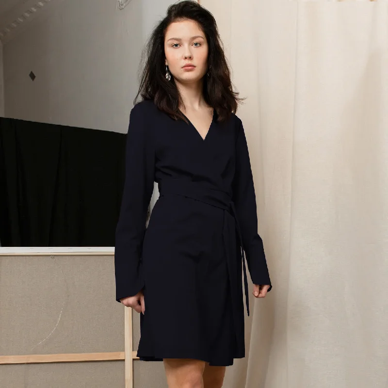 Short Wool Wrap Dress Dark Blue Tunics Long Elegant