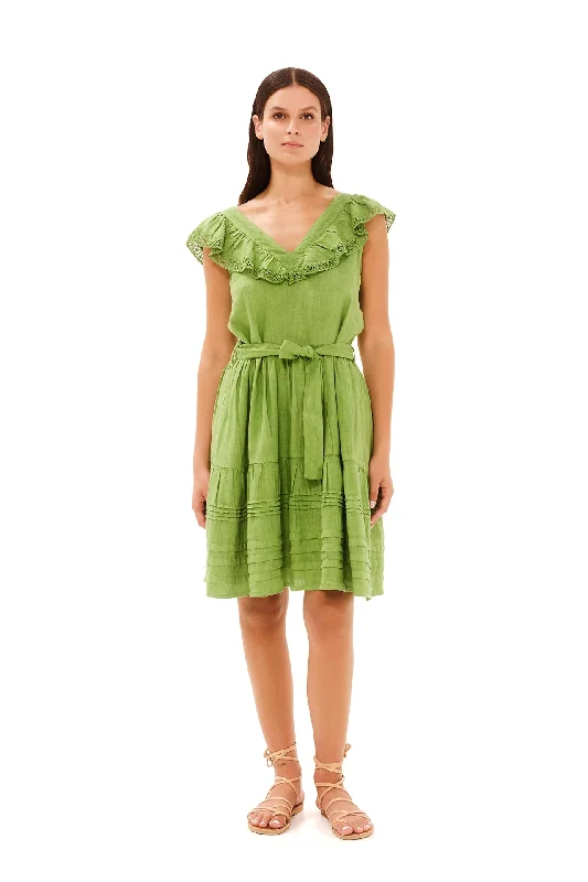 V-Neck Lace Insert Linen Dress Green Tunics Stylish modern